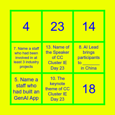 CC Cluster IE Day 2023 Bingo Card