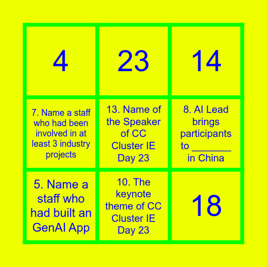 CC Cluster IE Day 2023 Bingo Card