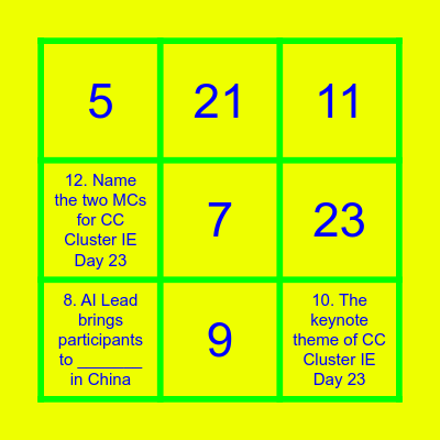 CC Cluster IE Day 2023 Bingo Card