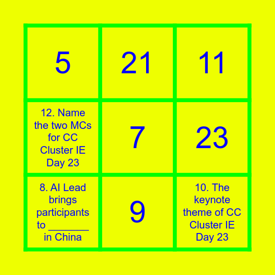 CC Cluster IE Day 2023 Bingo Card