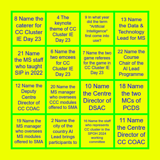 CC Cluster IE Day 2023 Bingo Card