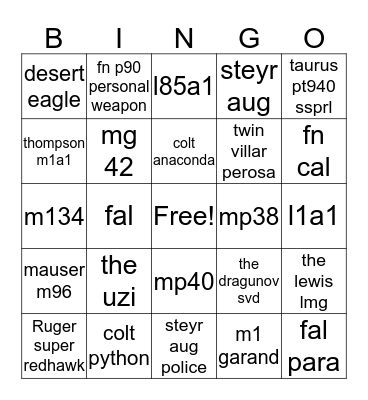 guns Bingo Card