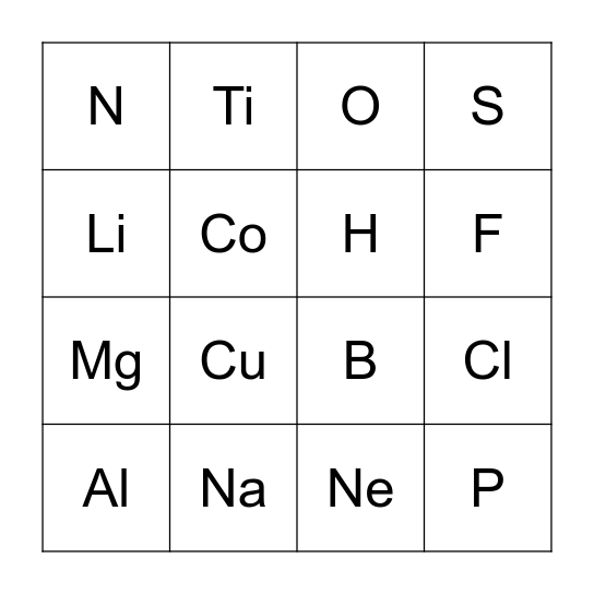 Electronic Configuration Bingo Card