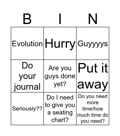 Parry Bingo Card