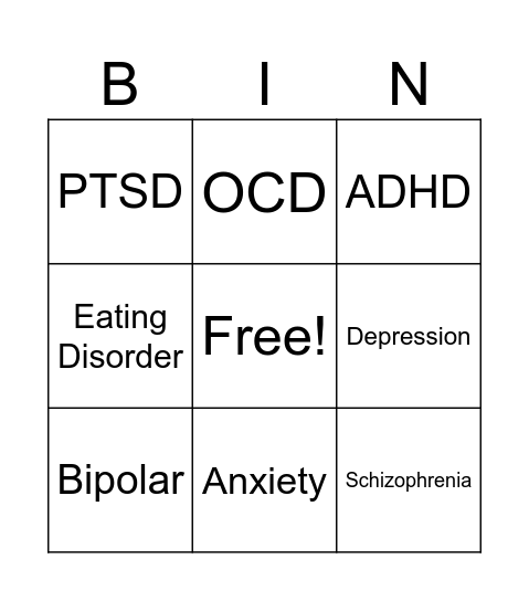 Mental Health Bingo Card