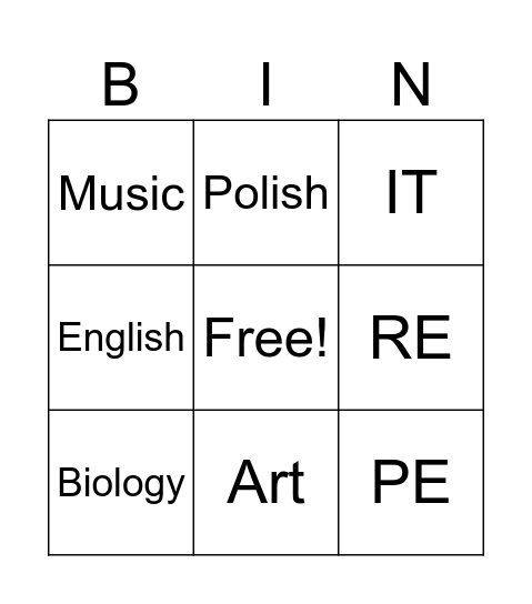 school subjects Bingo Card