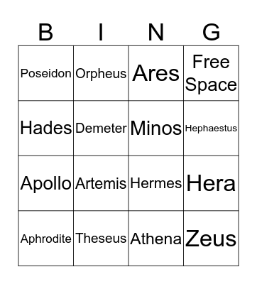 Greek Gods Bingo Card