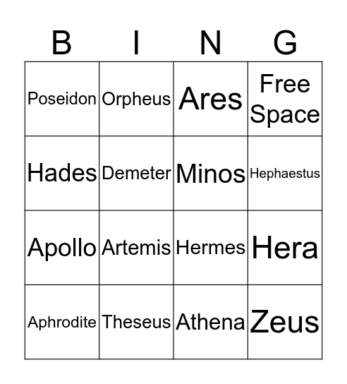 Greek Gods Bingo Card