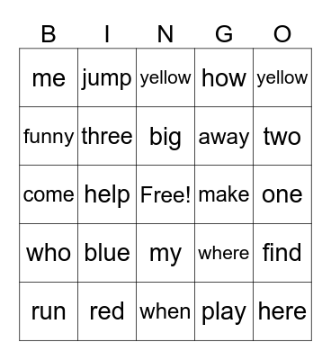 Sight word list 2 Bingo Card