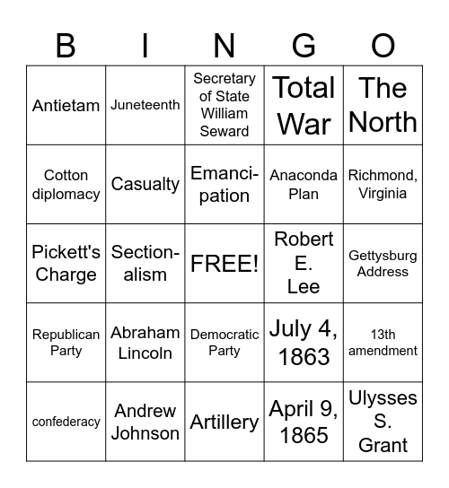 Civil War Bingo Card