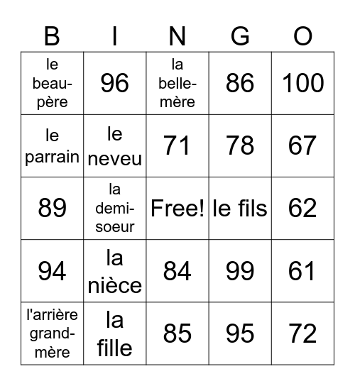 French 1 Family and Numbers 60-100 Bingo Card