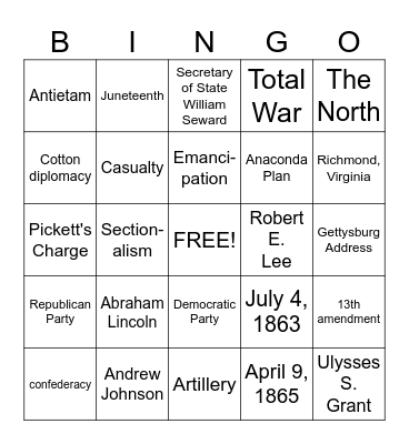 Civil War Bingo Card