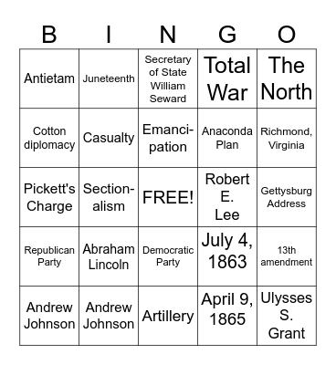 Civil War Bingo Card
