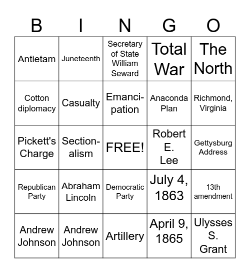 Civil War Bingo Card