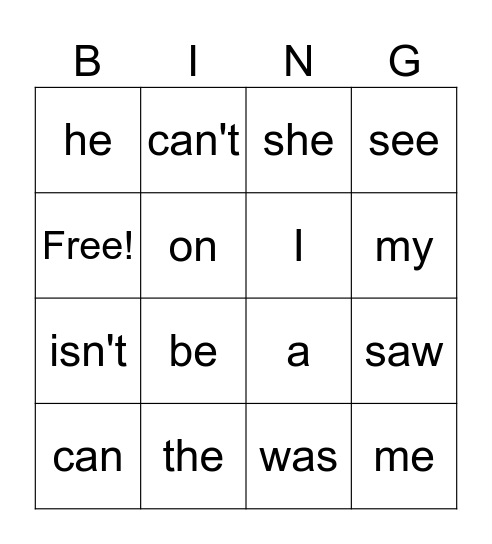 sightwords Bingo Card