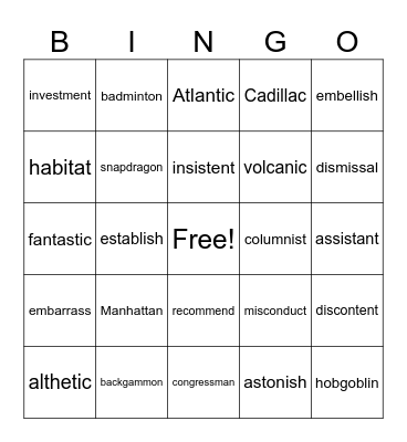 multi-syllable words Bingo Card