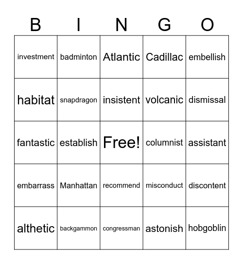 multi-syllable words Bingo Card