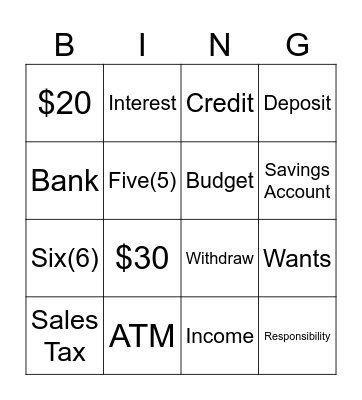 Financial Literacy Bingo Card
