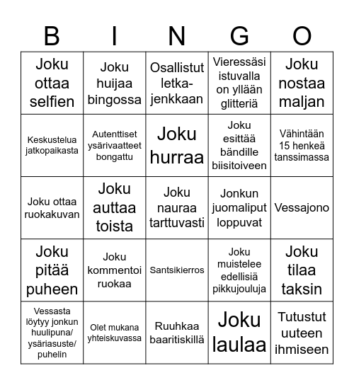 Kun saat viiden suoran vaakaan, pystyyn tai vinoon, huuda BINGO! Viisi ensimmäisenä bingon huutanutta palkitaan! Bingo Card