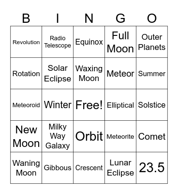 Astronomy Unit Test Review Bingo Card