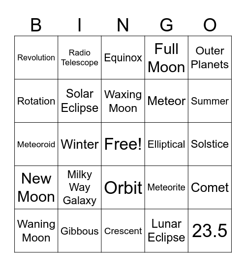 Astronomy Unit Test Review Bingo Card