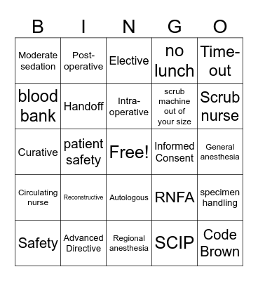 Perioperative Bingo Card