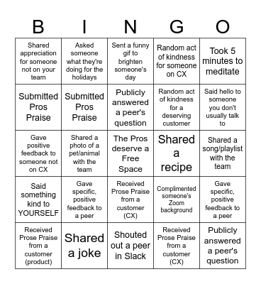 The Pros Thanksgiving Bingo Card