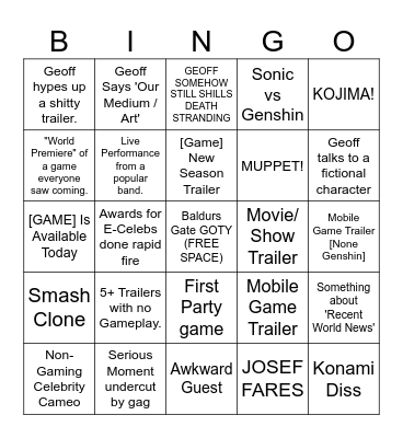 The Game Awards 2023 Bingo Card