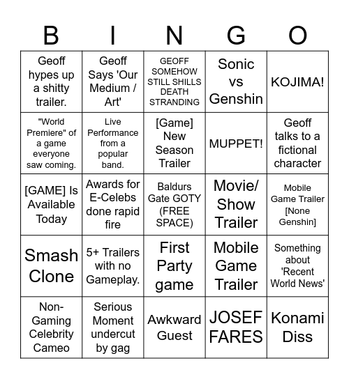 The Game Awards 2023 Bingo Card