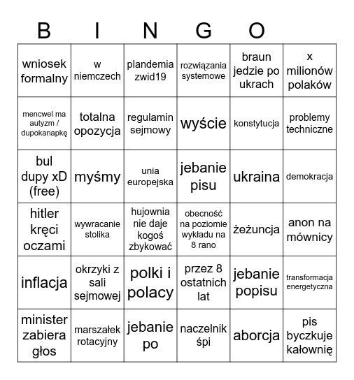 Sejmowe Bingo Card