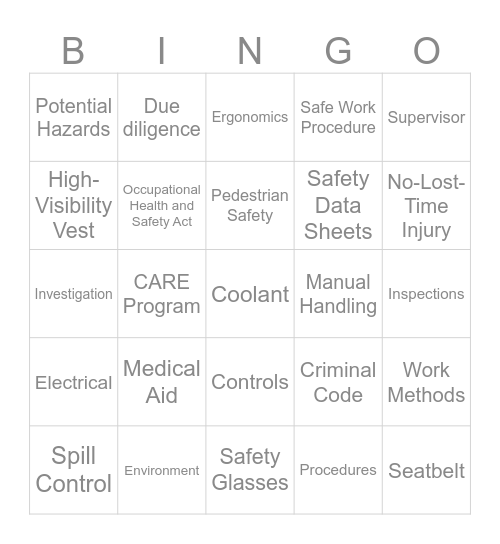 HEALTH & SAFETY Bingo Card