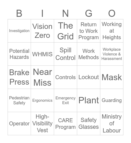 HEALTHY & SAFETY Bingo Card