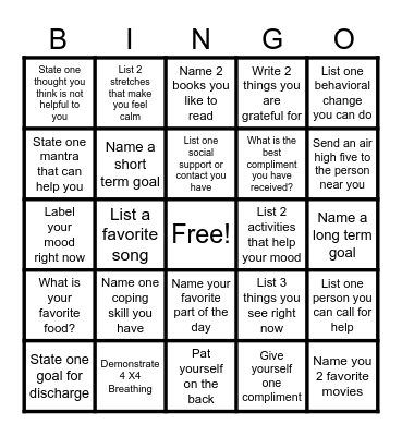 Mental Health Bingo Card