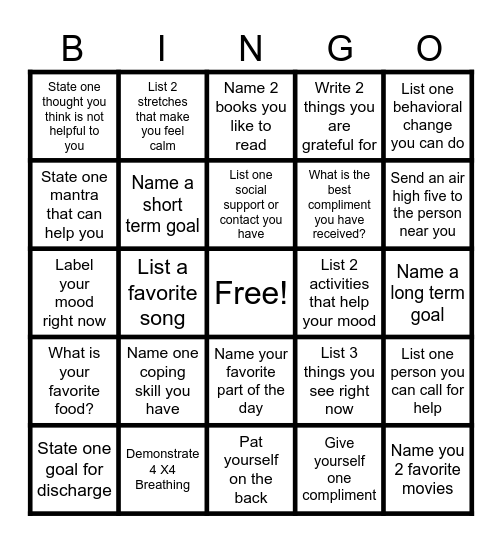 Mental Health Bingo Card