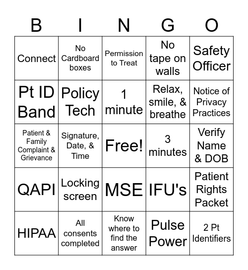 Joint Commission Readiness Bingo Card