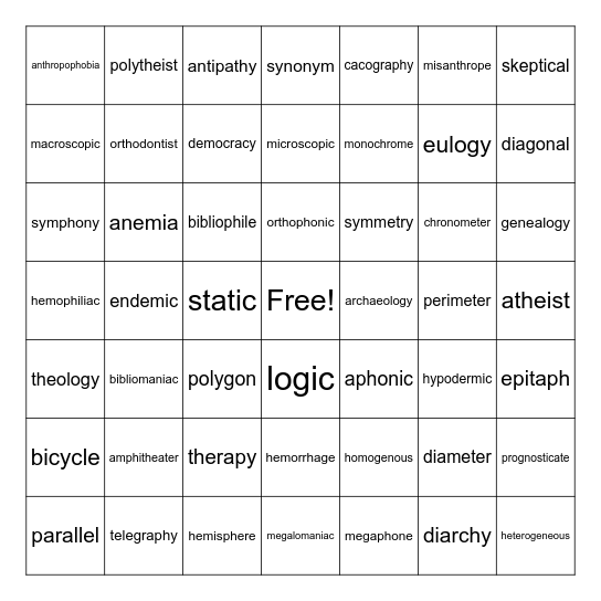 Greek Vocab: Prefix-#4 Bingo Card