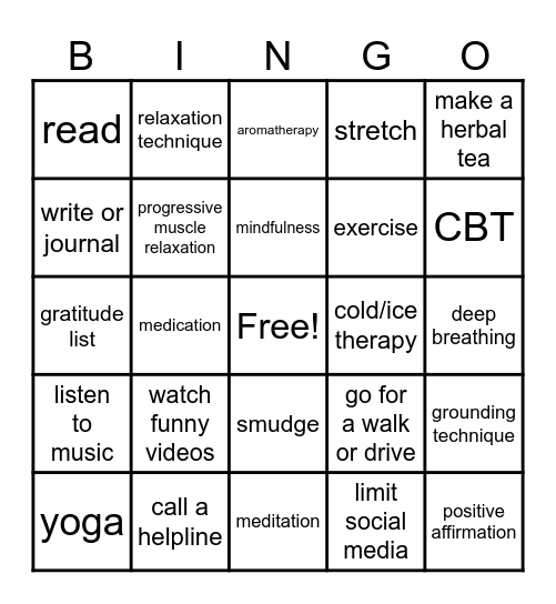 Anxiety Coping Skills Bingo Card