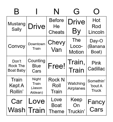 PLANES, TRAINS, & AUTOMOBILES MUSIC Bingo Card