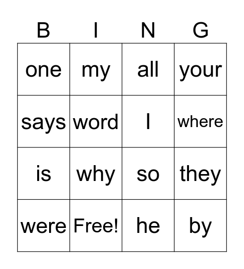 Trick Word Bingo Card