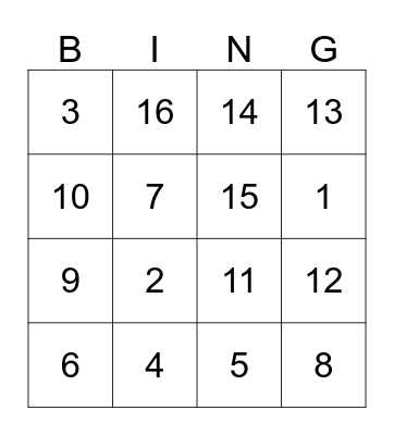 Number Bingo Card