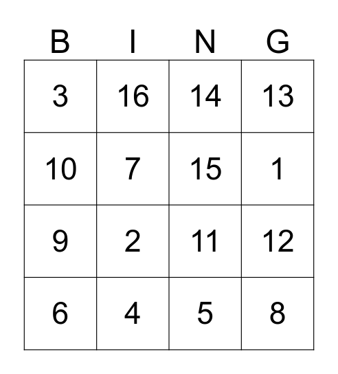Number Bingo Card