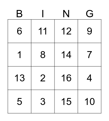 Number Bingo Card