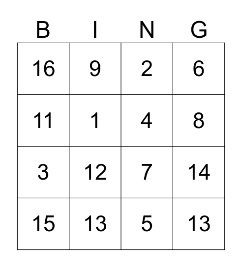 Number Bingo Card