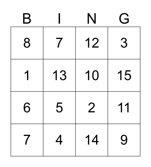 Number Bingo Card