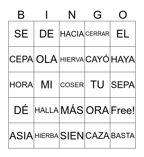 Spanish Homophones Bingo 1 Bingo Card