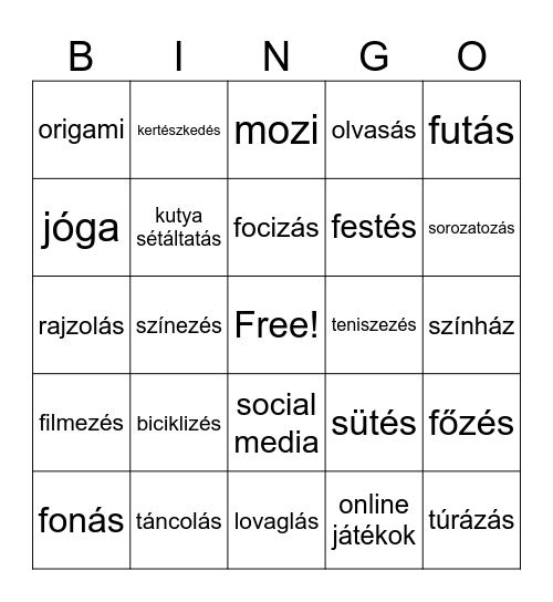 Szabadidős Bingo Card