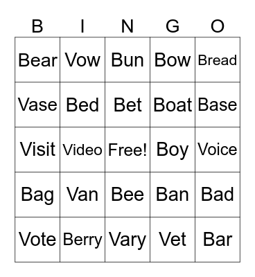 B and V Bingo Card