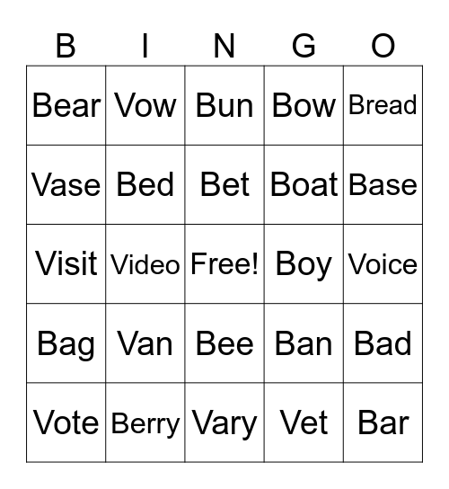 B and V Bingo Card