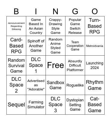 Indie World 11.14.2023 Bingo Card