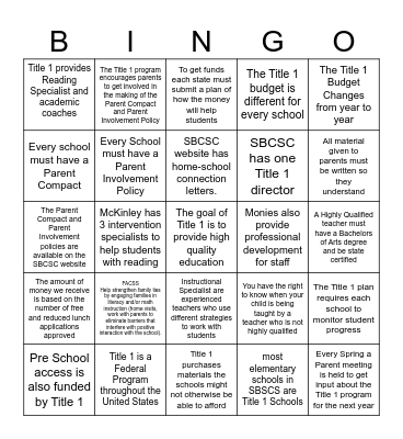 Title 1 Fast Facts Bingo Card
